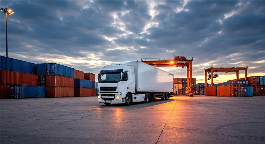Containers and trucks at a logistics hub